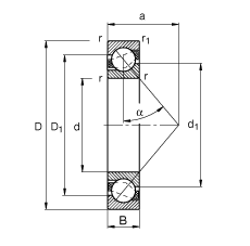 角接觸球軸承 7206-B-JP, 根據 DIN 628-1 標準的主要尺寸，接觸角 α = 40°